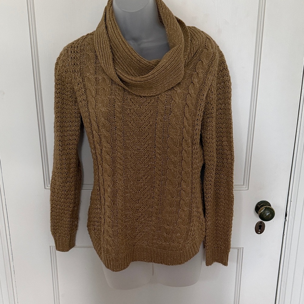 RD Style Tan Cable Knit Cowl Neck Sweater